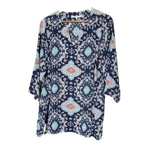 Violet & Claire Geometric Blouse 1X Blue peach Print Tunic 3/4 Sleeve Top